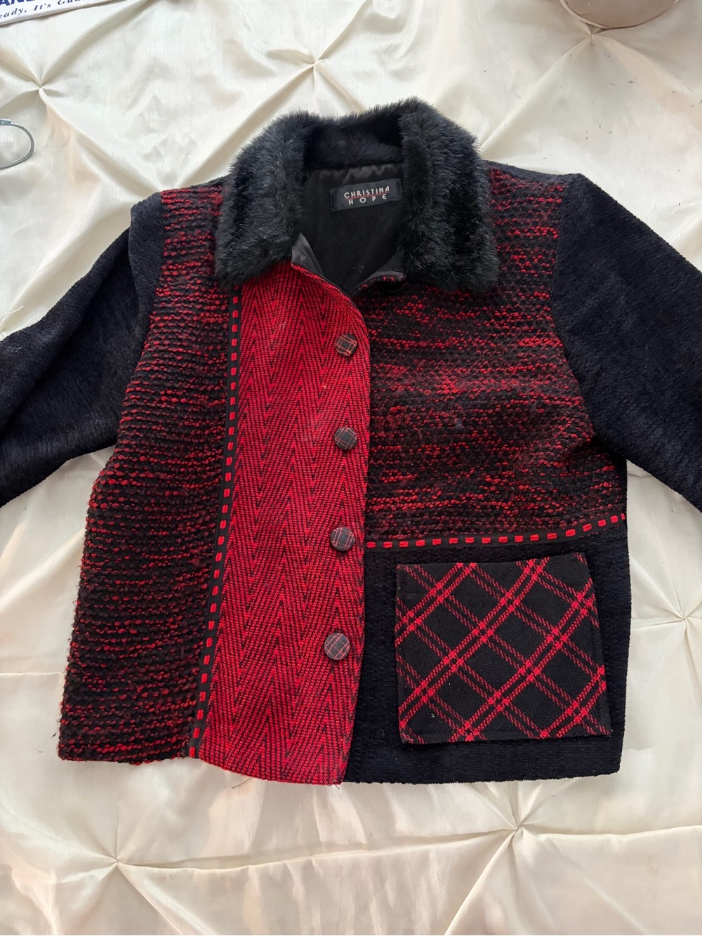 Christina Hope Red Black Faux Fur Trim Knit Cardigan Jacket Statement Piece